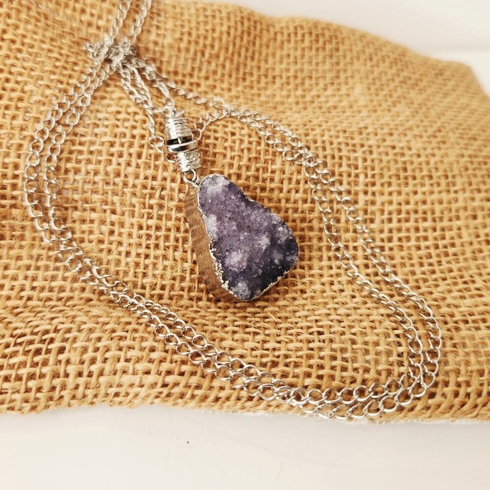 Avenue Silver Long Necklace with Purple Druzzy Pendant